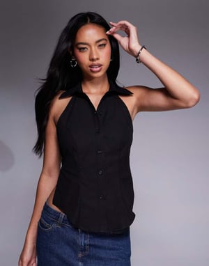 ASOS DESIGN halterneck knyt bak ärmlös skjorta i svart