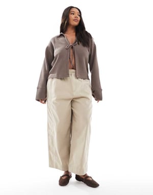 ASOS DESIGN Curve laundered barrel pull on trousers in taupe