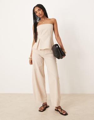 ASOS DESIGN linneblandning byxa med trombonben i beige