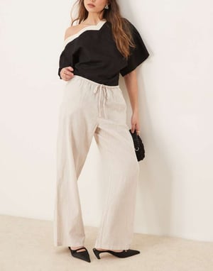 Gina Tricot vida linneblandade byxor med dragsko i midjan i beige