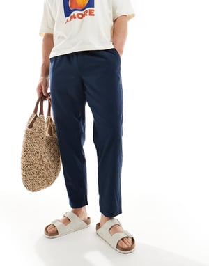 Jack & Jones slim tapered drawstring linneblandning byxor i marinblå