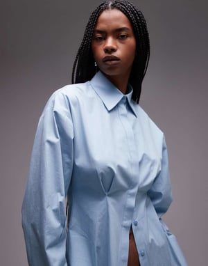 Topshop cinch waisted poplin shirt in blue