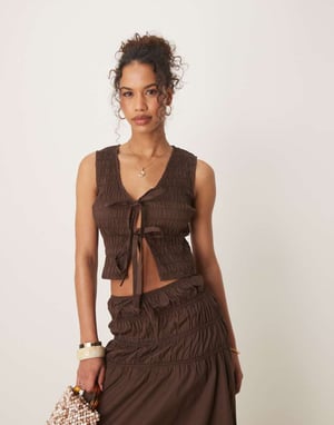 Glamorous shirred tie front top in brown co-ord