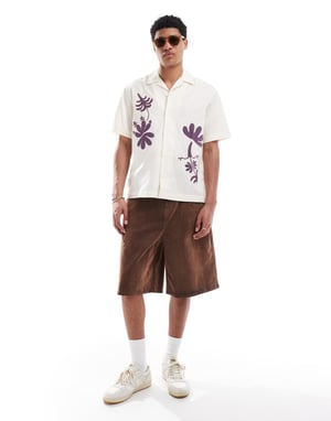 ONLY & SONS loose fit embroidered shirt in off white