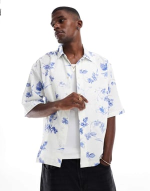 ASOS DESIGN boxy half sleeve regular shirt with flower print in white