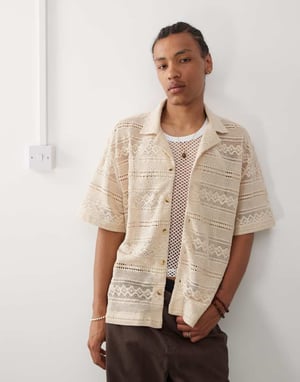 Reclaimed Vintage Limited Edition short sleeve boxy crochet shirt in beige