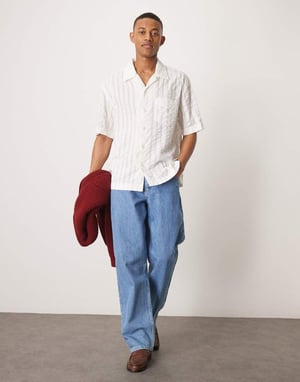 GANT resort revere collar short sleeve tonal seersucker stripe shirt in off white