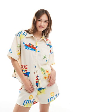 Pieces boxy fit shirt co-ord in summer holiday print