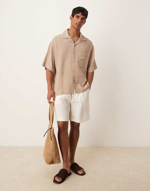 ASOS DESIGN boxy textured revere regular shirt in beige