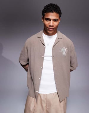 ASOS DESIGN boxy revere shirt with chest embroidery in green