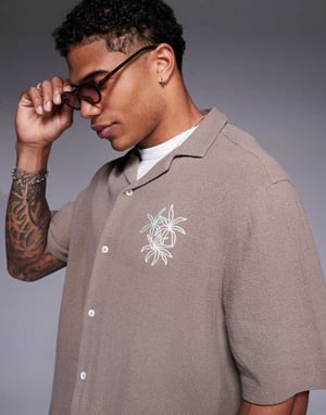ASOS DESIGN boxy revere shirt with chest embroidery in green