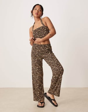 Vila Petite slinky jersey halter neck top co-ord in leopard print