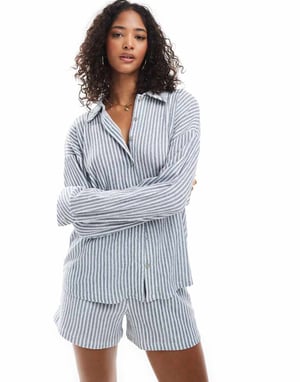 ONLY textured oversized shirt co-ord in blue stripes