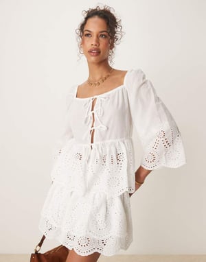 Glamorous boho lightweight broderie cutwork tie front blouse in white co-ord