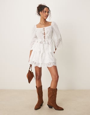 Glamorous boho lightweight broderie cutwork tie front blouse in white co-ord