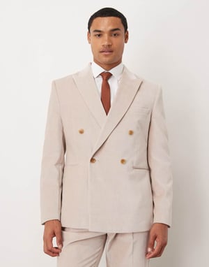 ASOS DESIGN slim double breasted suit jacket in stone lightweight cotton velvet - STONE