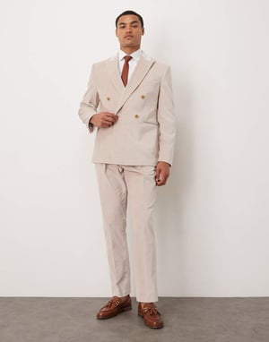 ASOS DESIGN slim double breasted suit jacket in stone lightweight cotton velvet - STONE