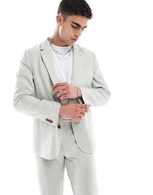ASOS DESIGN slim suit jacket with linen in light green herringbone