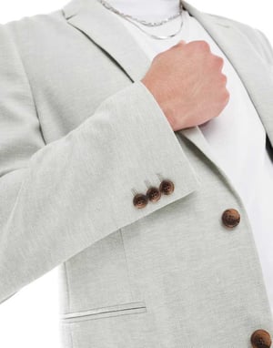 ASOS DESIGN slim suit jacket with linen in light green herringbone