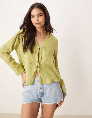Abercrombie & Fitch texturerad avslappnad strandskjorta i lime