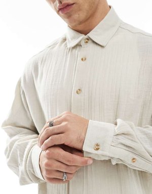 ASOS DESIGN cheesecloth textured regular shirt in stone