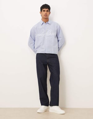 ASOS DESIGN boxy oversized striped shirt with embroidery in blue
