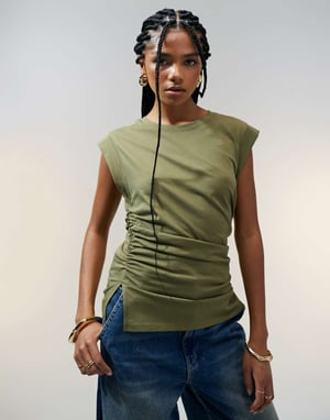 ASOS DESIGN corset waist sharp shoulder tank top in khaki