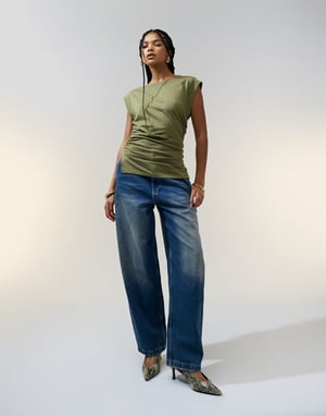ASOS DESIGN corset waist sharp shoulder tank top in khaki