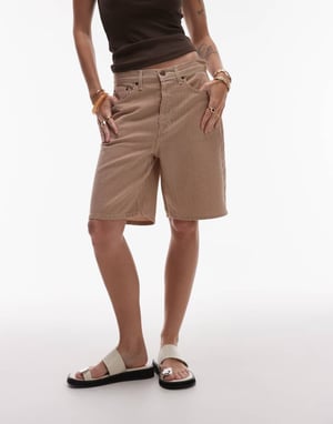Topshop lös passform denim shorts i tan rand