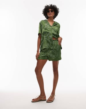 Topshop co ord satin palmträdshorts i grön