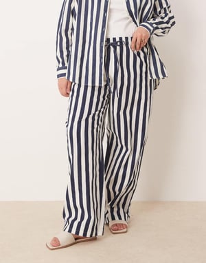 ASOS DESIGN Curve linne-look byxor med midja i marinrandig koord
