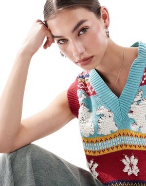 Urban Revivo v-neck rabbit intarsia knitted vest top in multi