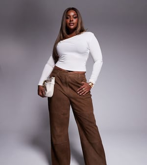 ASOS DESIGN Curve straight leg suede panelled trousers in mocha