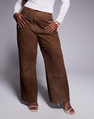 ASOS DESIGN Curve straight leg suede panelled trousers in mocha