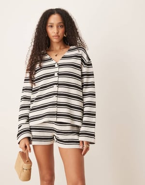 ASOS DESIGN long sleeve textured stripe cardigan co-ord in black and white