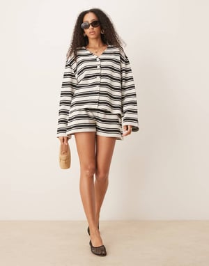 ASOS DESIGN long sleeve textured stripe cardigan co-ord in black and white