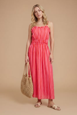 Pink Stripe Twist Strap Detail Printed Midi Dress