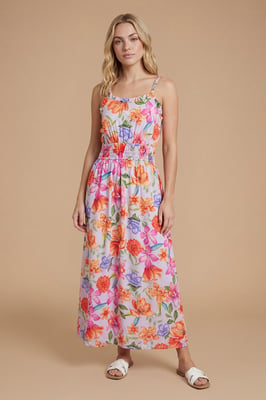 Purple Floral Twist Strap Detail Printed Midi Dress