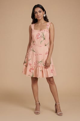 Petite Floral Lace Trim Tiered Printed Mini Dress