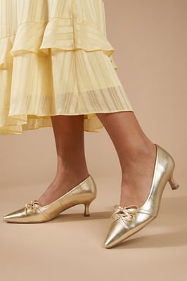 Rita Faux Metallic Leather Double Bow Mary Jane Kitten Heel Court Shoes