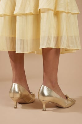 Rita Faux Metallic Leather Double Bow Mary Jane Kitten Heel Court Shoes