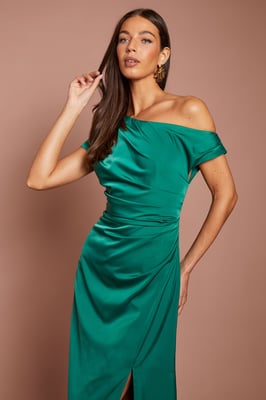 Off Shoulder Satin Side Tie Midi Dress