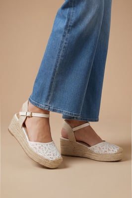 Pattie Textile Lace Ankle Strap Closed Toe Wedges