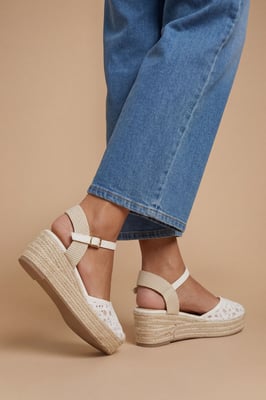 Pattie Textile Lace Ankle Strap Closed Toe Wedges