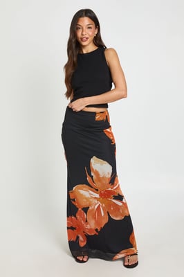 Floral Print Mesh Lined Maxi Skirt