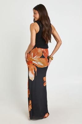 Floral Print Mesh Lined Maxi Skirt