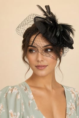 Large Feather & Net Disc Fascinator in Black