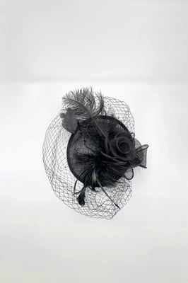 Large Feather & Net Disc Fascinator in Black