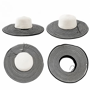 Ladies Wide Brim Striped Sun Hat Foldable Adjustable Beach Hat in Black