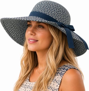 Ladies Wide Brim Woven Sun Hat Adjustable Summer Beach Hat in Navy